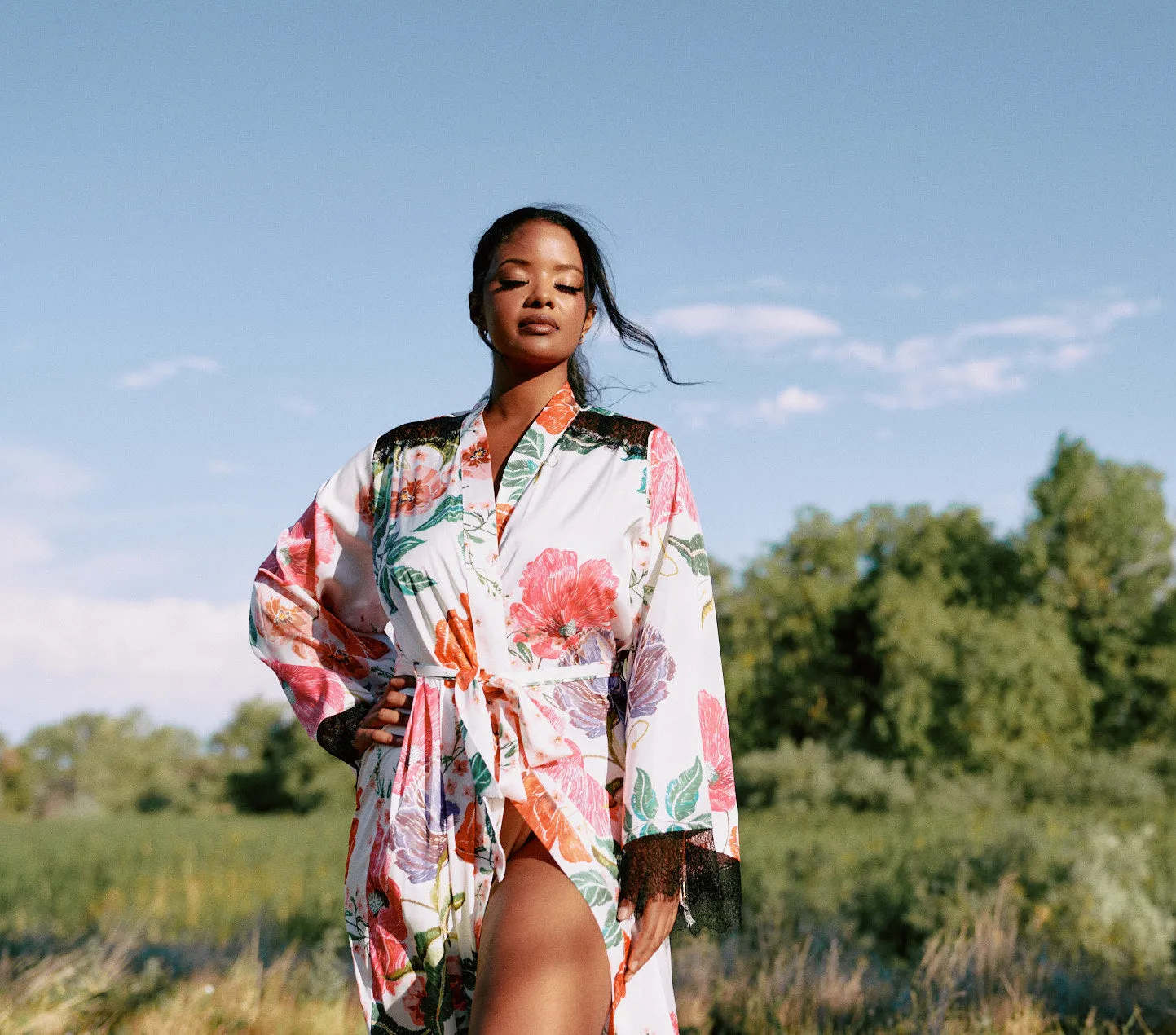 Satin Floral Embroidery Maxi Robe By Kilo Brava - M-XXXL