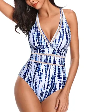 Sexy Hollow Out Women's Halter Monokini Bathing Suit-Blue Tie Dye
