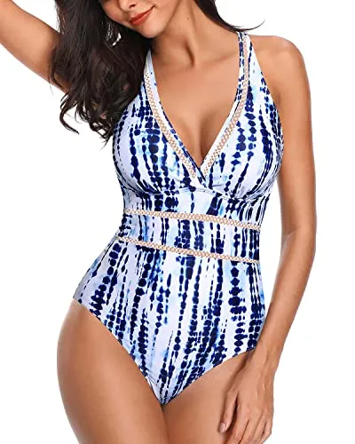 Sexy Hollow Out Women's Halter Monokini Bathing Suit-Blue Tie Dye