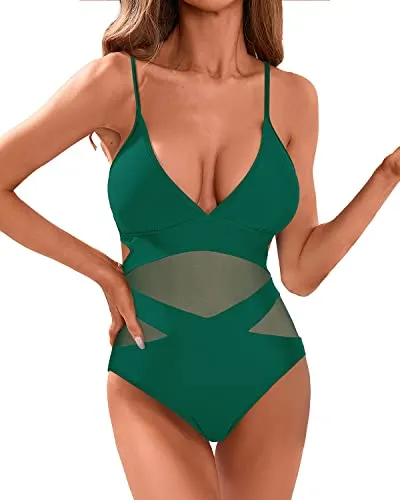 Sexy Mesh Patchwork Cutout Monokini One Piece Swimsuits-Emerald Green