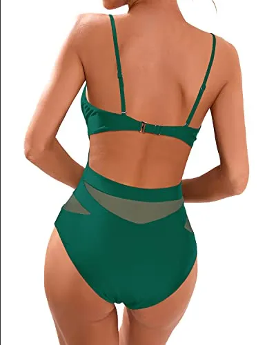 Sexy Mesh Patchwork Cutout Monokini One Piece Swimsuits-Emerald Green