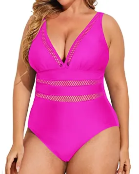 Sexy Mesh V-Neck One Piece Push Up Swimwear-Neon Pink