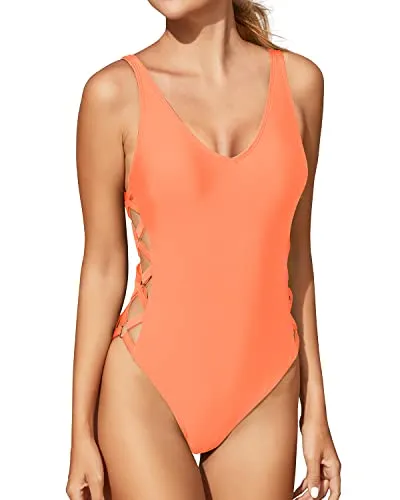 Sexy One Piece Swimsuit Strappy Bathing Suit Criss Cross Lace Up Monokini-Orange