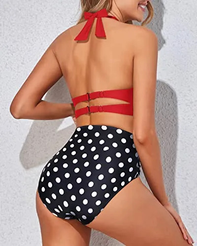 Sexy Push Up Halter Two Piece High Waisted Bikini Set-Red Dot