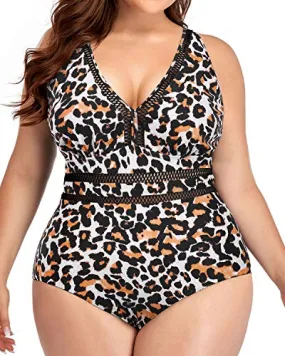 Sexy See-Through Hollow Out Plus Size One Piece Backless Swimwear-Leopard