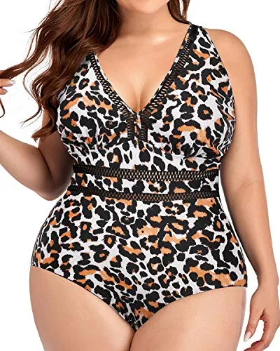 Sexy See-Through Hollow Out Plus Size One Piece Backless Swimwear-Leopard