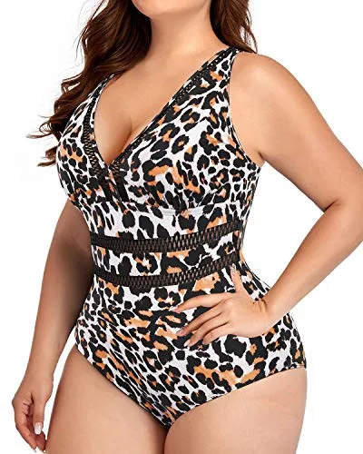 Sexy See-Through Hollow Out Plus Size One Piece Backless Swimwear-Leopard