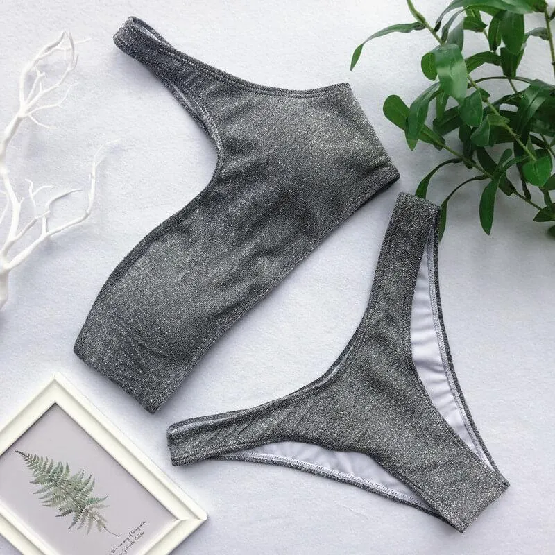 Silver One Shoulder Stretch Thong Bottom Bikinis