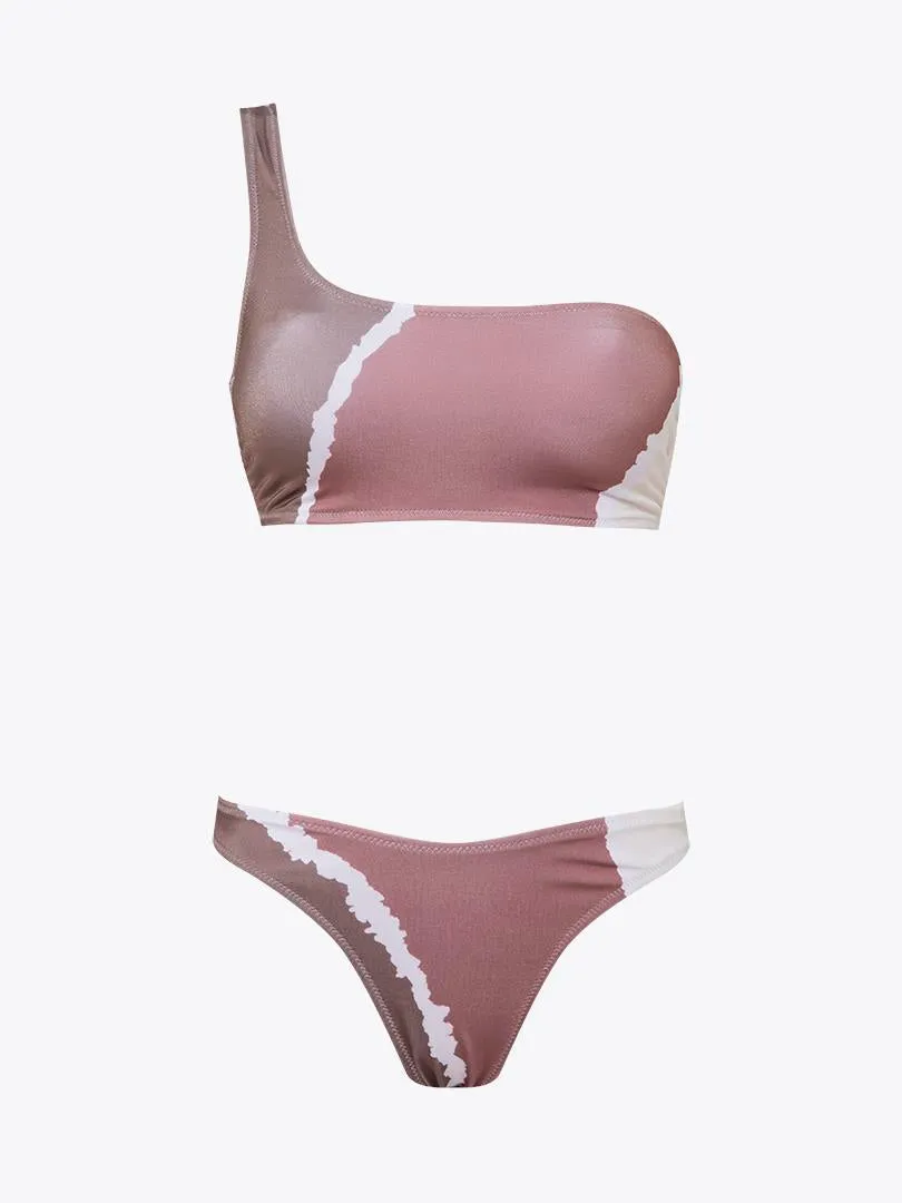 Single Shoulder Bikini Set - Brown