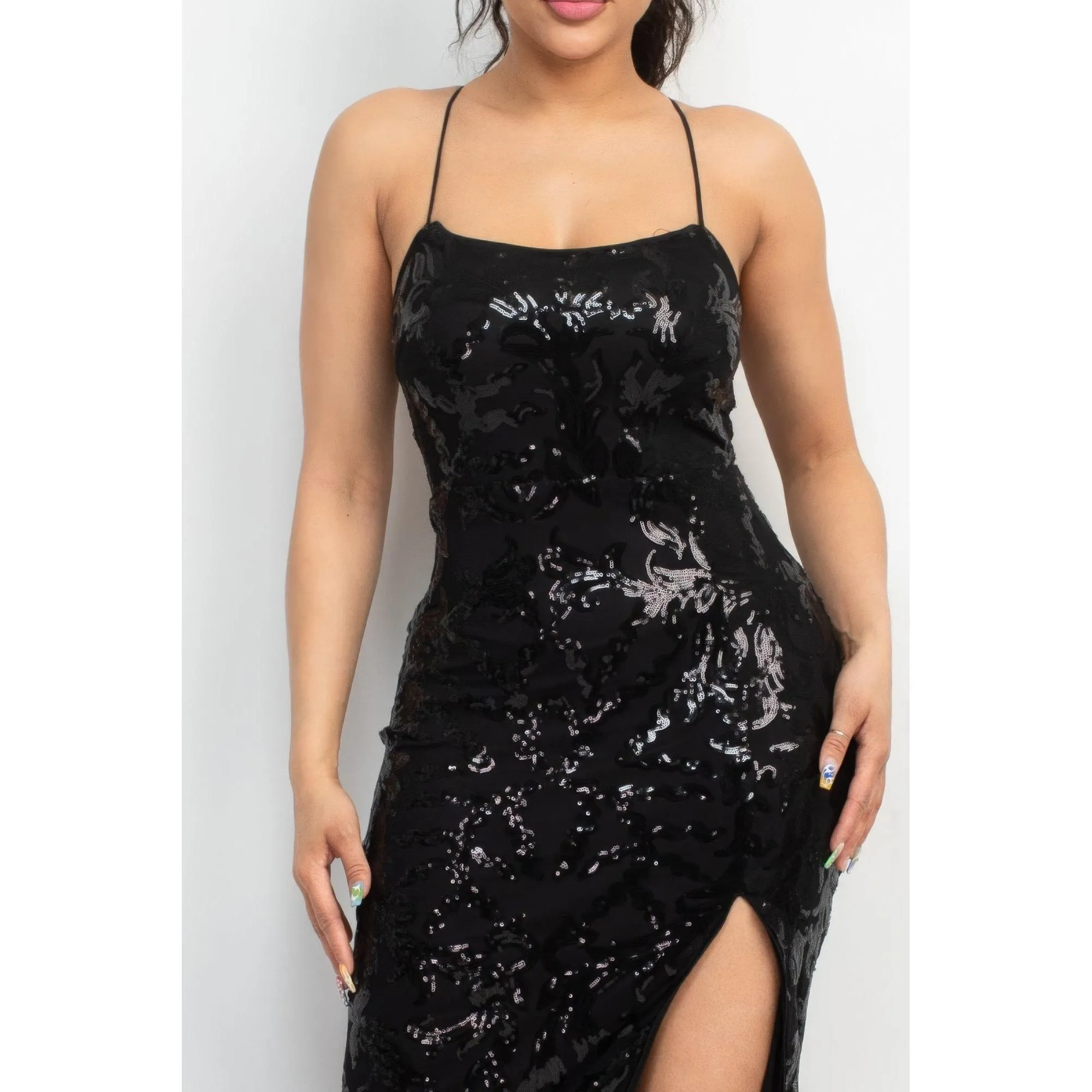 Sleeveless Sequin Black High Slit Dress