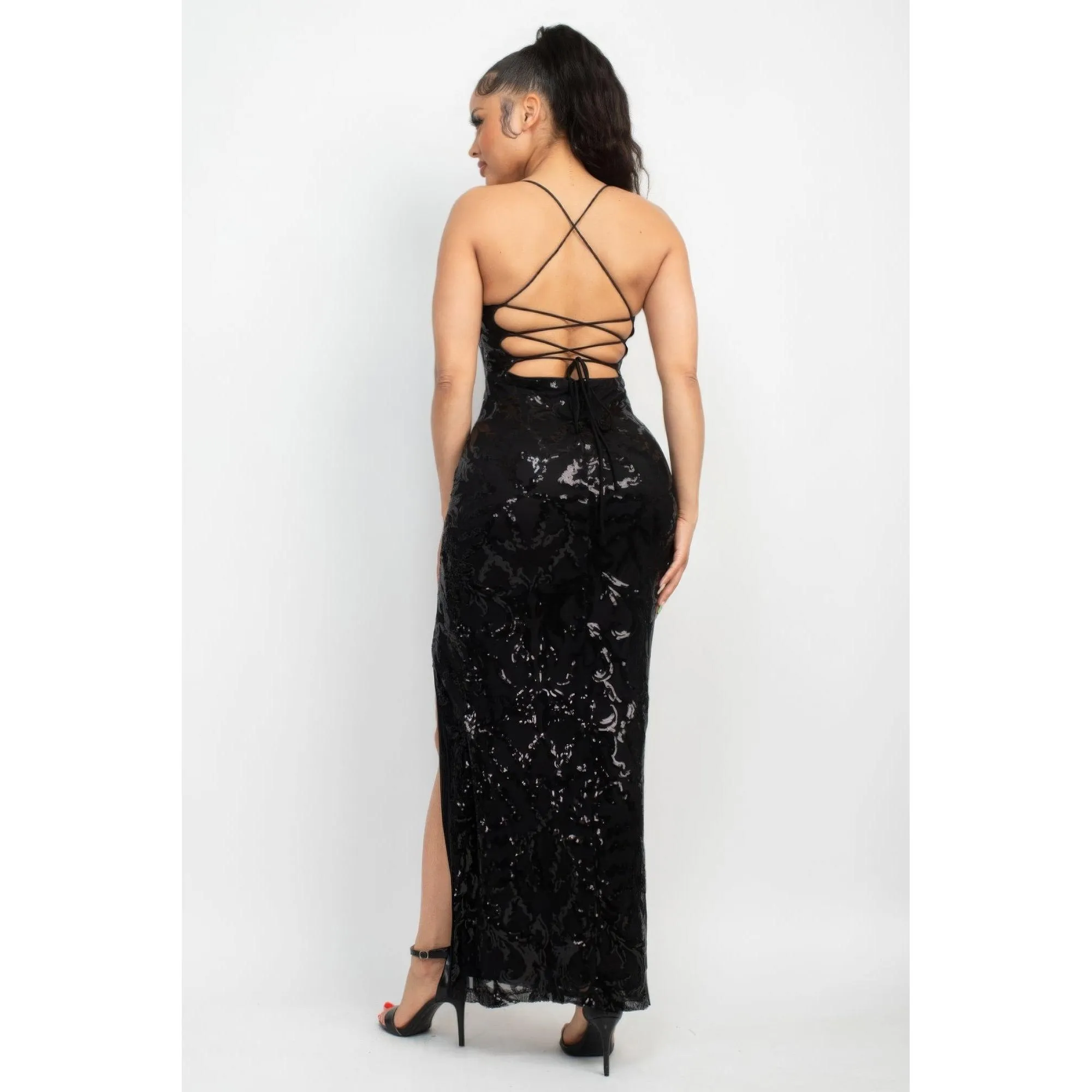 Sleeveless Sequin Black High Slit Dress