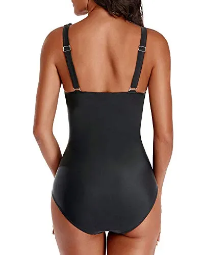 Slimming Women's V Neck One Piece Swimsuit-Black
