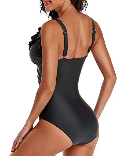 Slimming Women's V Neck One Piece Swimsuit-Black
