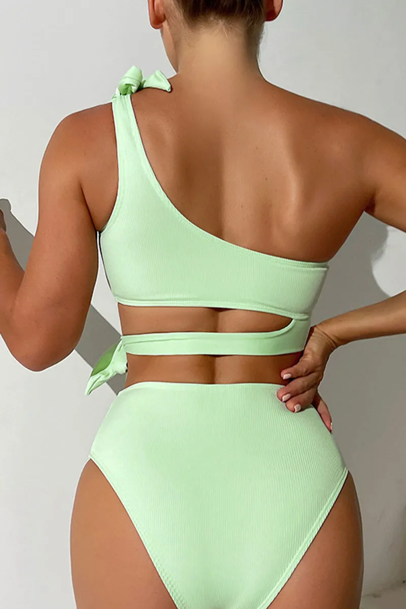 Solid Color Ribbed One Shoulder Asymmetric On-trend Bikini