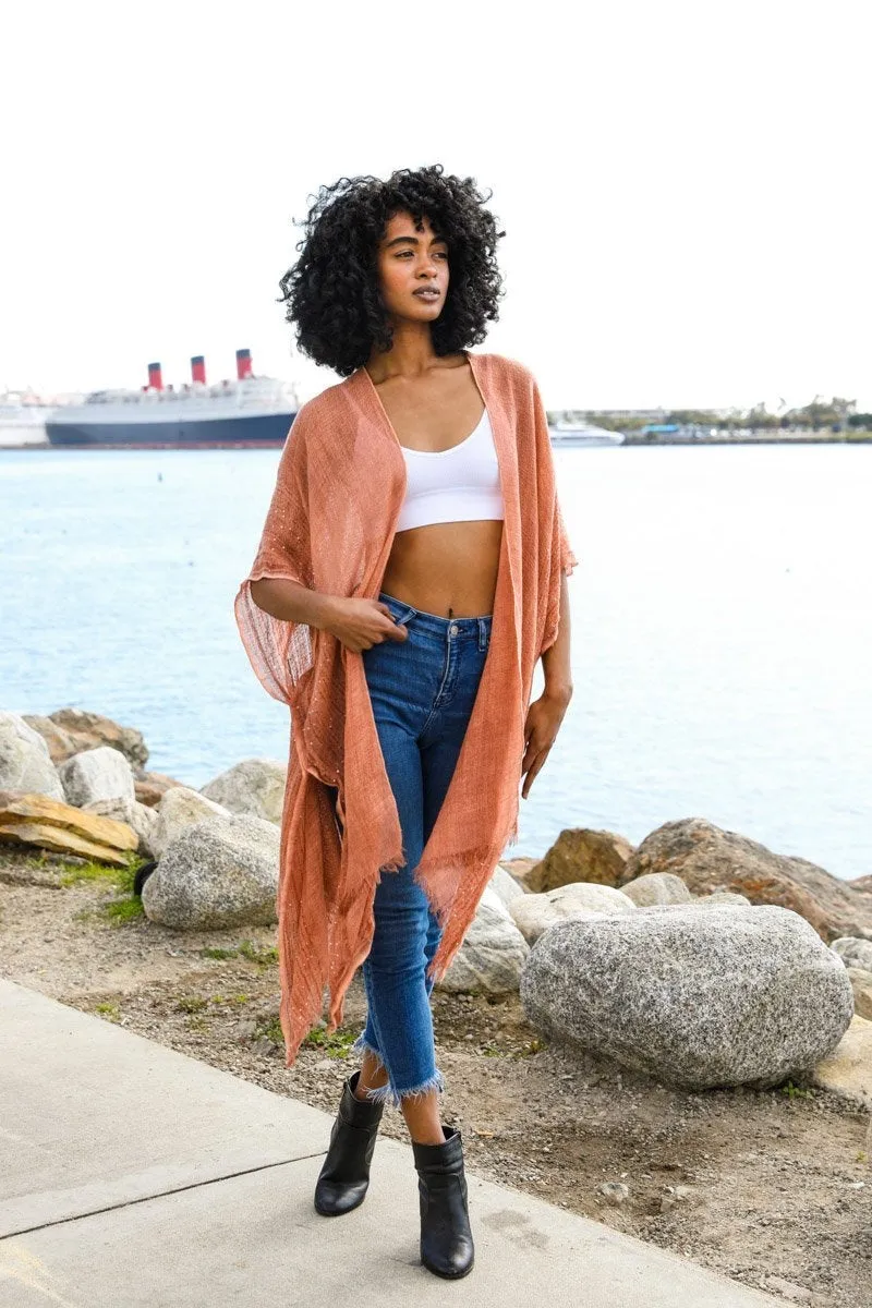 Spring Sequin Border Frayed Kimono