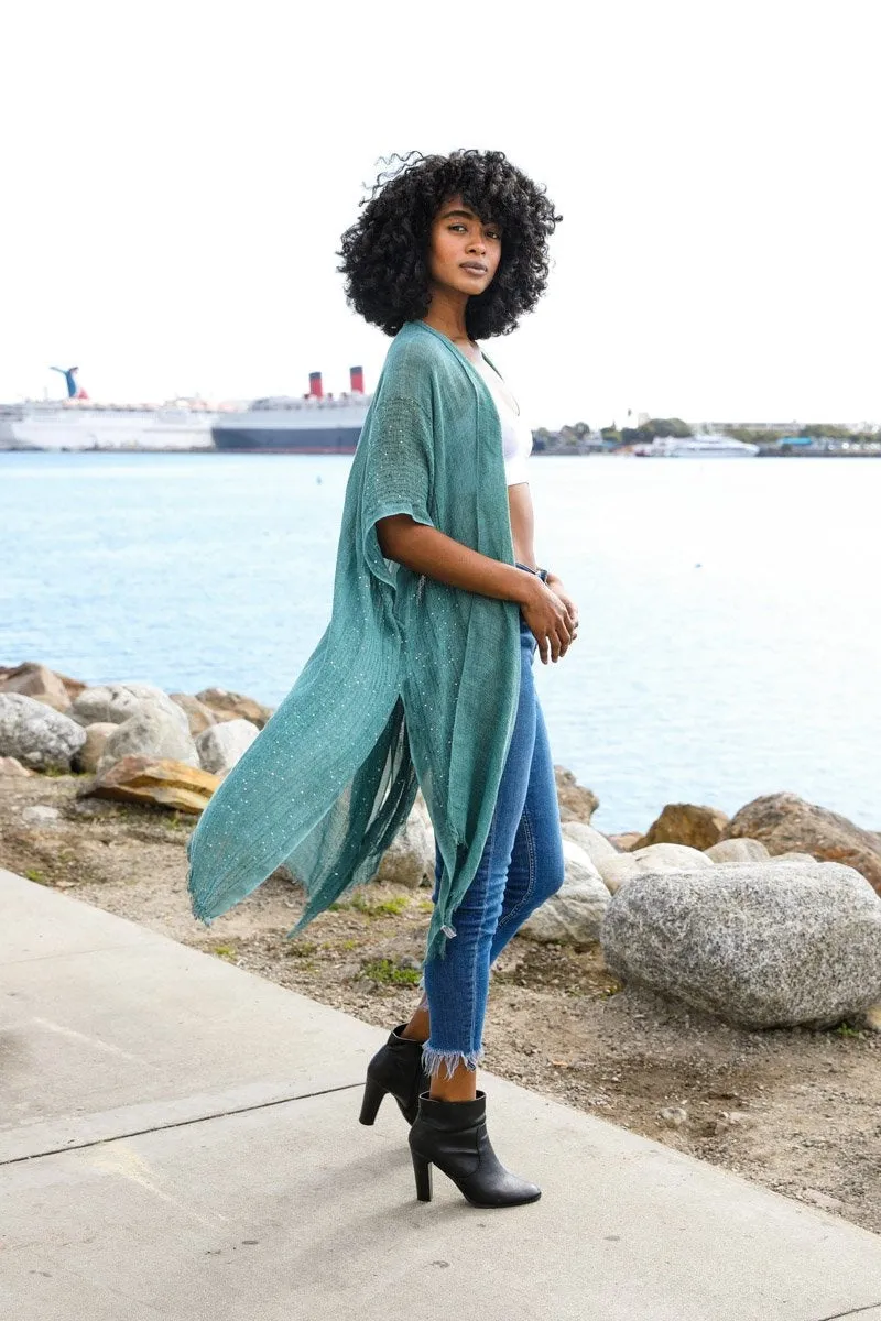 Spring Sequin Border Frayed Kimono