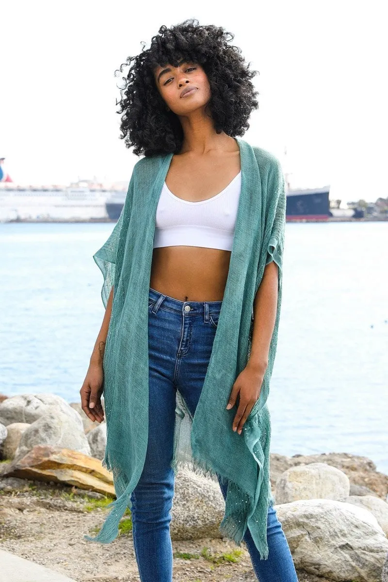 Spring Sequin Border Frayed Kimono