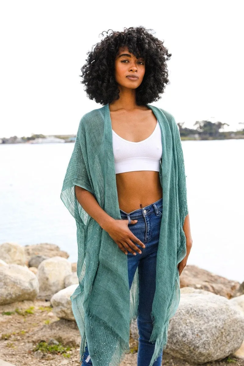 Spring Sequin Border Frayed Kimono