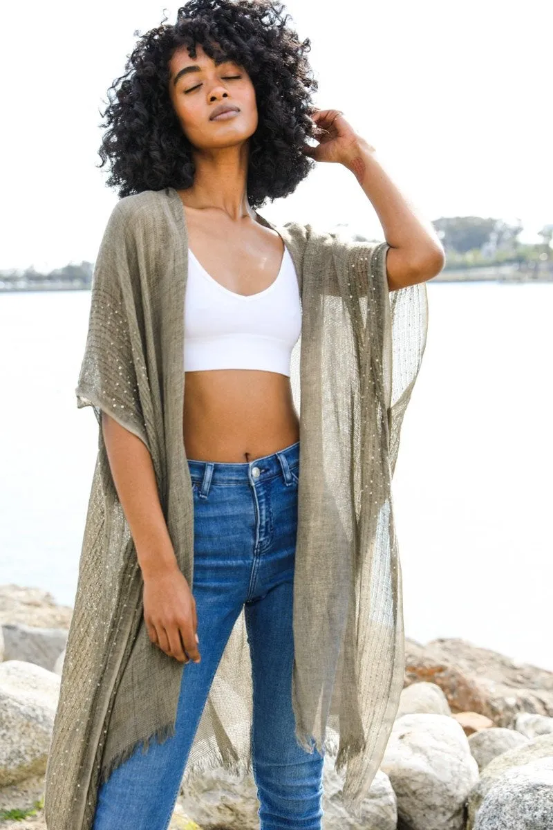 Spring Sequin Border Frayed Kimono