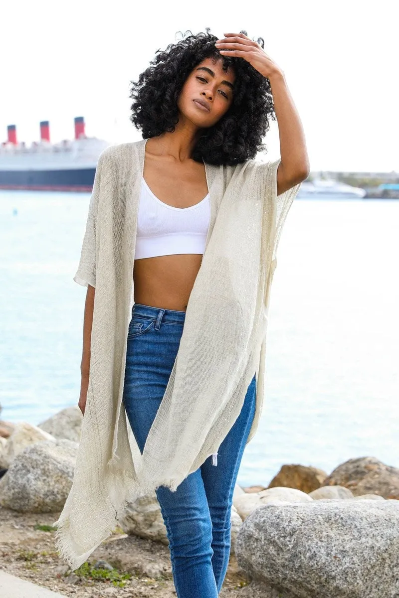 Spring Sequin Border Frayed Kimono