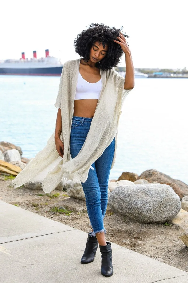 Spring Sequin Border Frayed Kimono