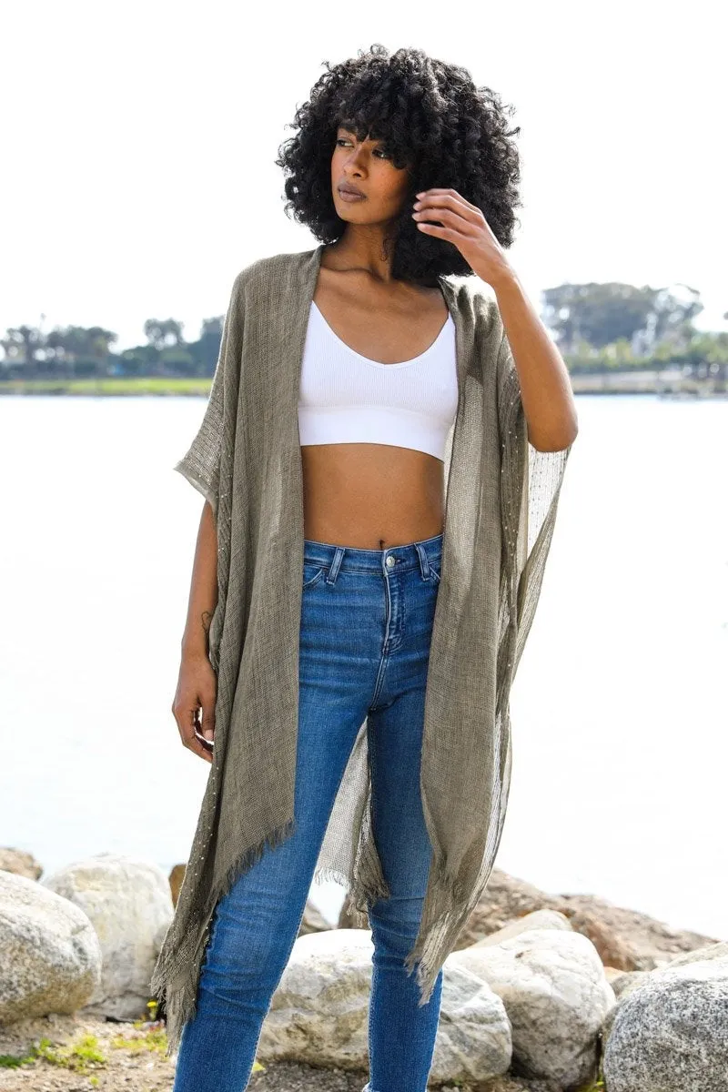 Spring Sequin Border Frayed Kimono