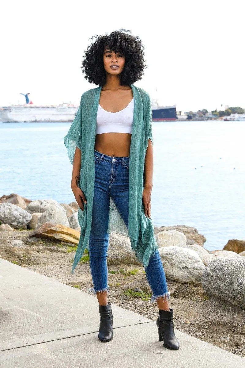 Spring Sequin Border Frayed Kimono