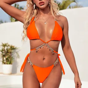 Strappy Rhinestones Halter Two Pieces Bikini