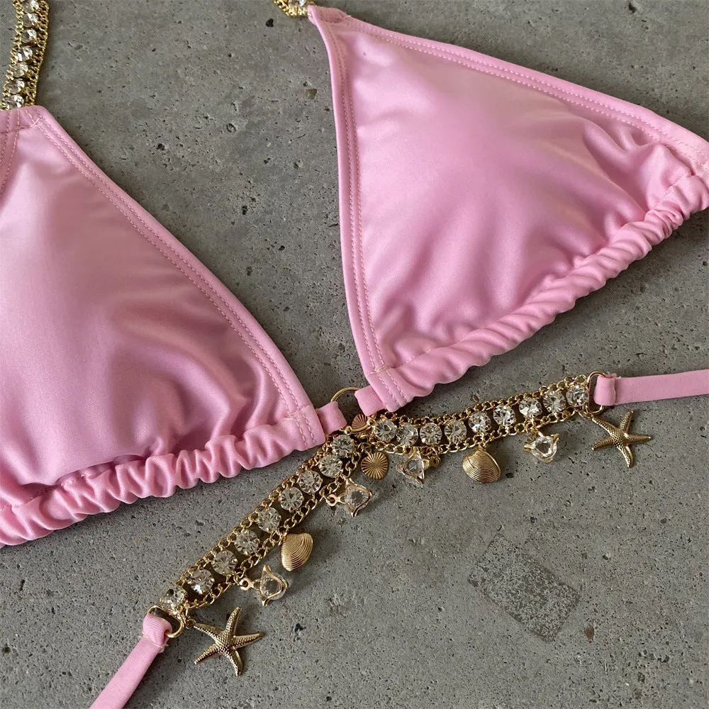 Strappy Rhinestones Halter Two Pieces Bikini