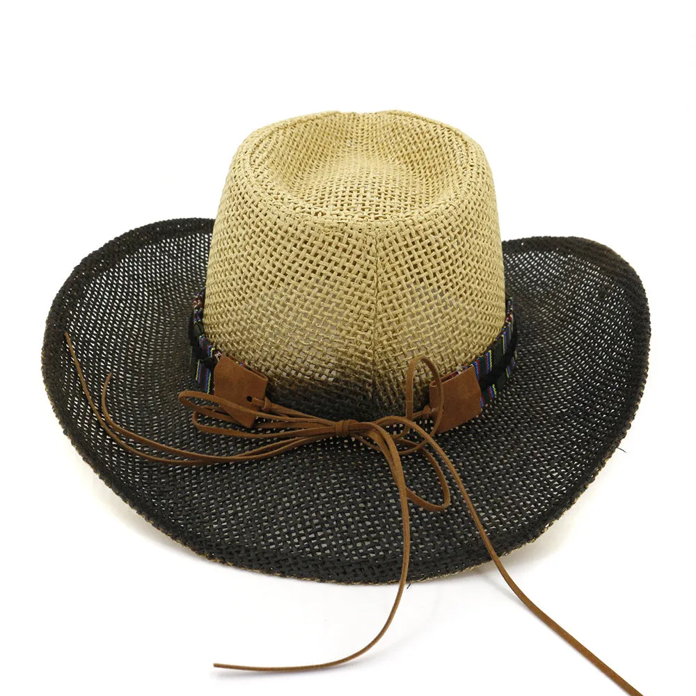Straw Cowboy Hats Men Women Outdoor Seaside Straw Brim Black
