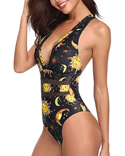 Stunning See-Through One Piece Swimsuits Bathing Suit-Black Sun And Moon