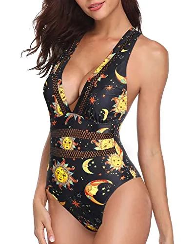 Stunning See-Through One Piece Swimsuits Bathing Suit-Black Sun And Moon