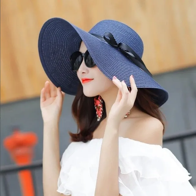 Summer Wide Brim white Straw Hats Big Sun Hats For Women UV Protection Panama  floppy Beach Hats Ladies bow hat chapeau femme