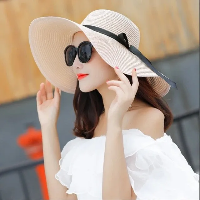 Summer Wide Brim white Straw Hats Big Sun Hats For Women UV Protection Panama  floppy Beach Hats Ladies bow hat chapeau femme