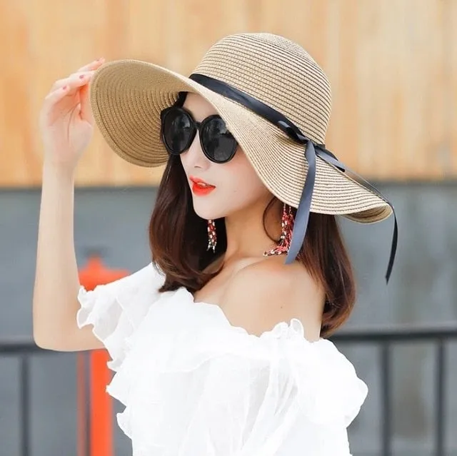 Summer Wide Brim white Straw Hats Big Sun Hats For Women UV Protection Panama  floppy Beach Hats Ladies bow hat chapeau femme