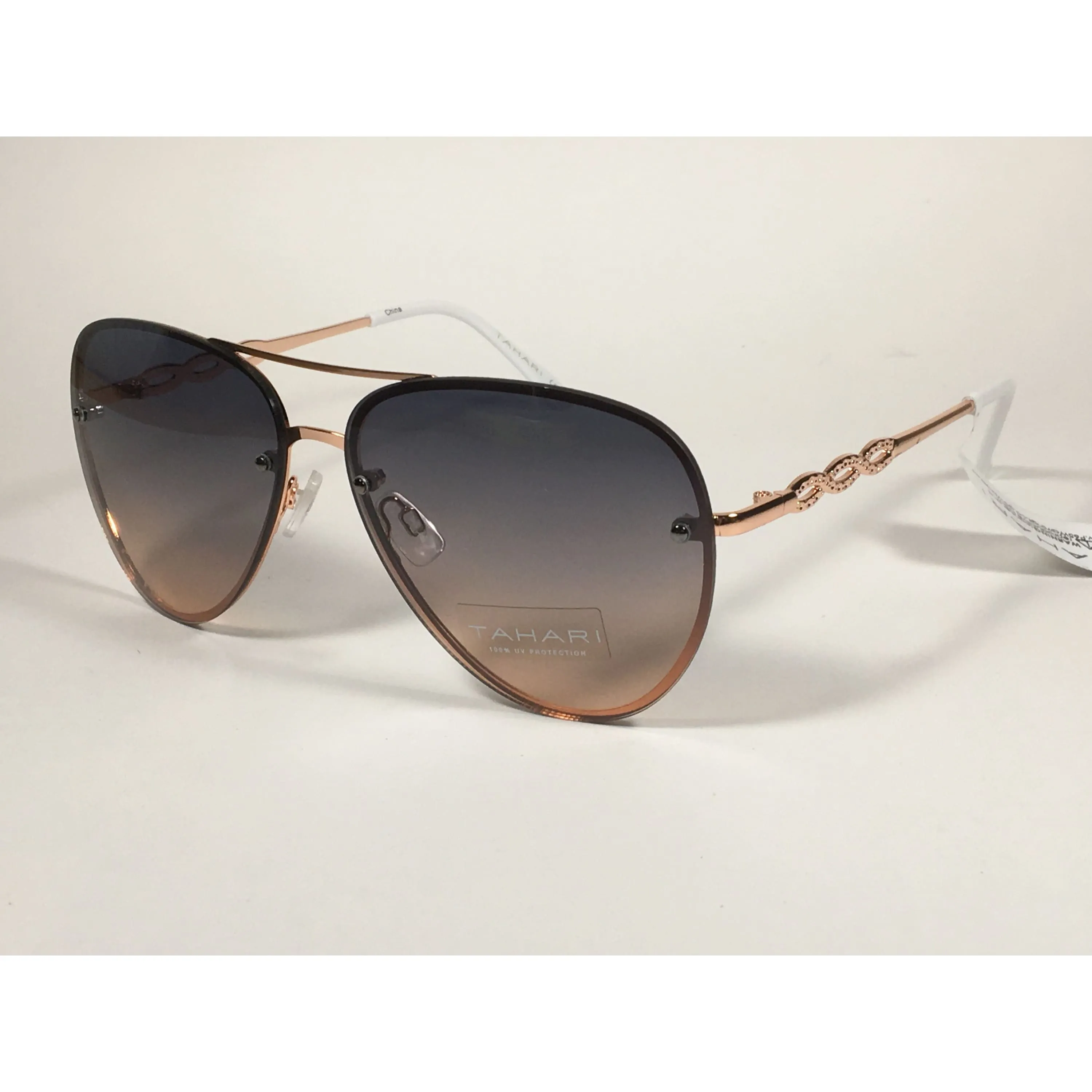 Tahari Rimless Aviator Sunglasses Rose Gold White With Gradient Lens TH789 RGDWH