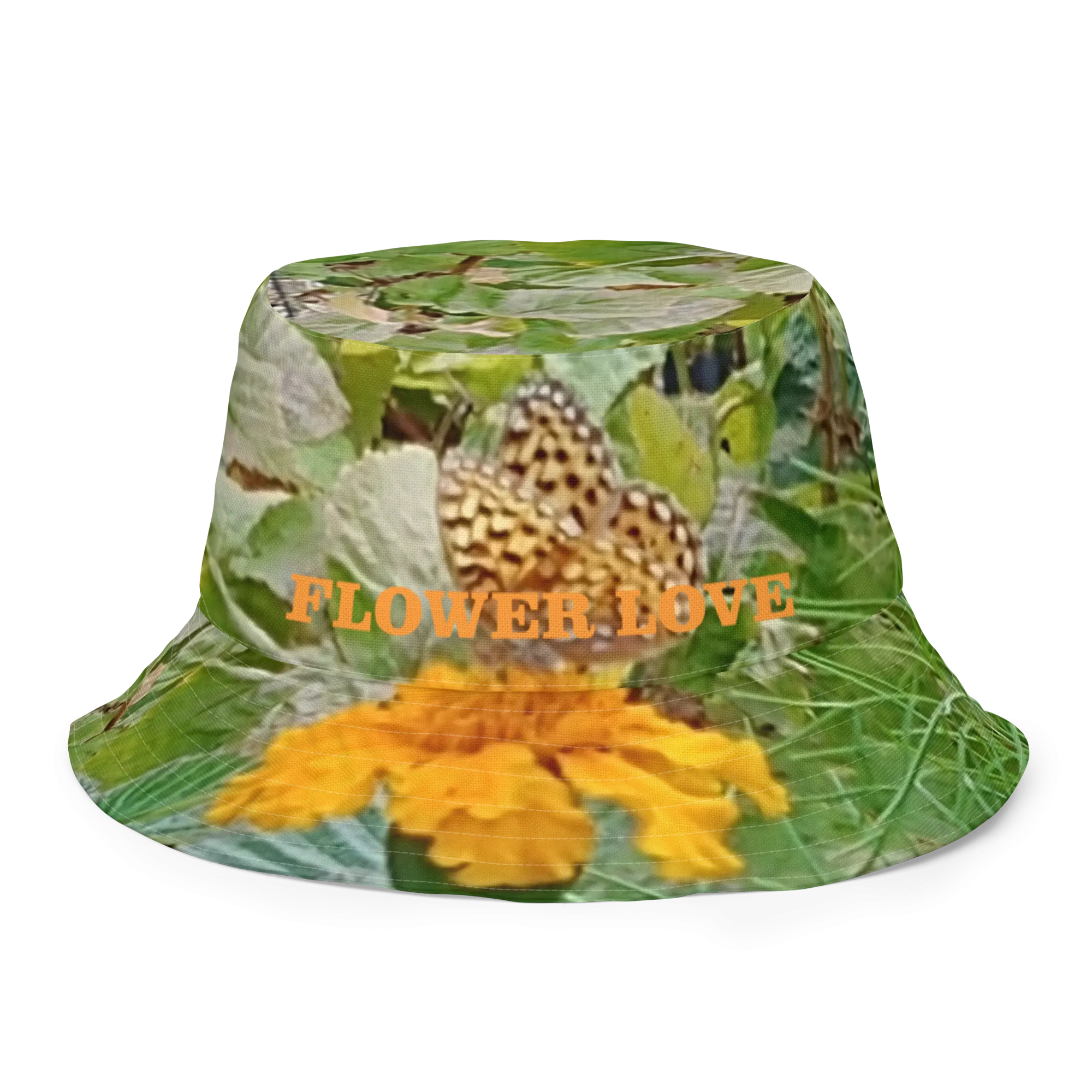 The FLOWER LOVE Collection - "Butterfly on a Bloom" Design Premium Reversible Bucket Hat - Orange Inside - Beach Hat, Gifts for Her