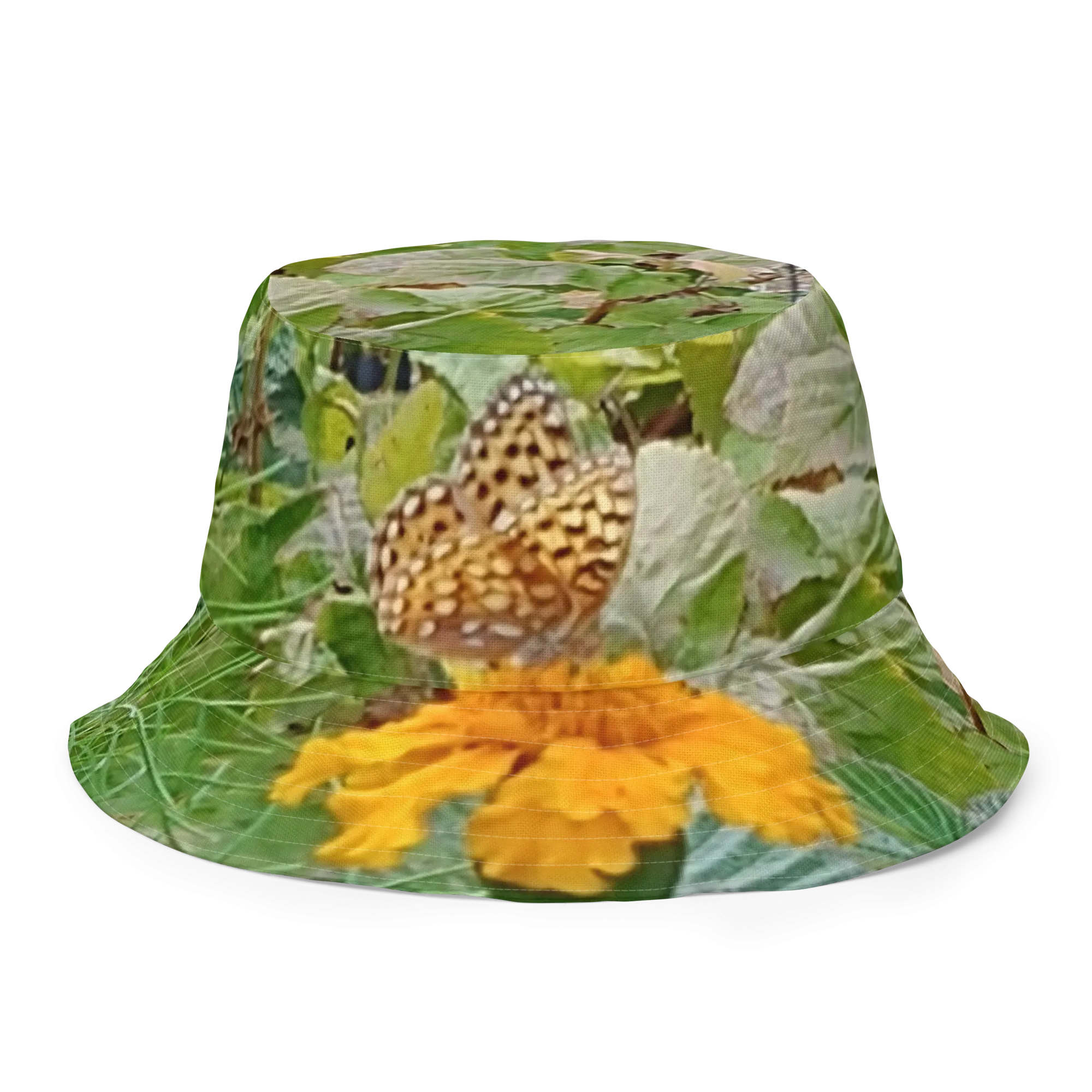 The FLOWER LOVE Collection - "Butterfly on a Bloom" Design Premium Reversible Bucket Hat - Orange Inside - Beach Hat, Gifts for Her