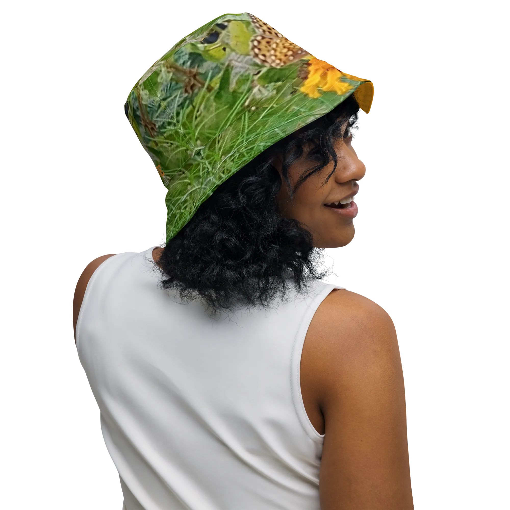 The FLOWER LOVE Collection - "Butterfly on a Bloom" Design Premium Reversible Bucket Hat - Orange Inside - Beach Hat, Gifts for Her