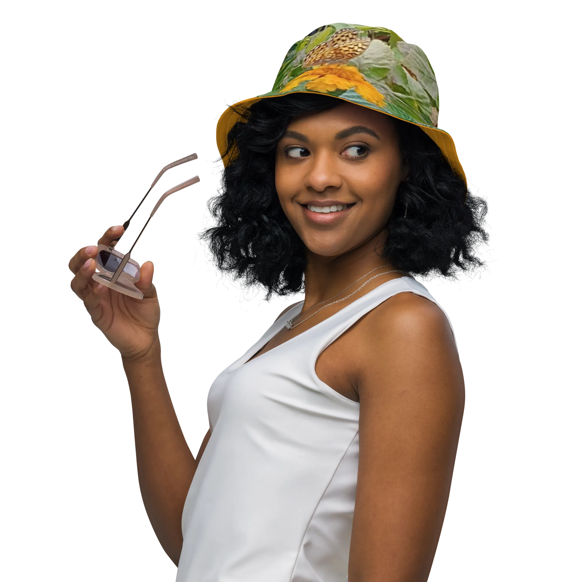 The FLOWER LOVE Collection - "Butterfly on a Bloom" Design Premium Reversible Bucket Hat - Orange Inside - Beach Hat, Gifts for Her