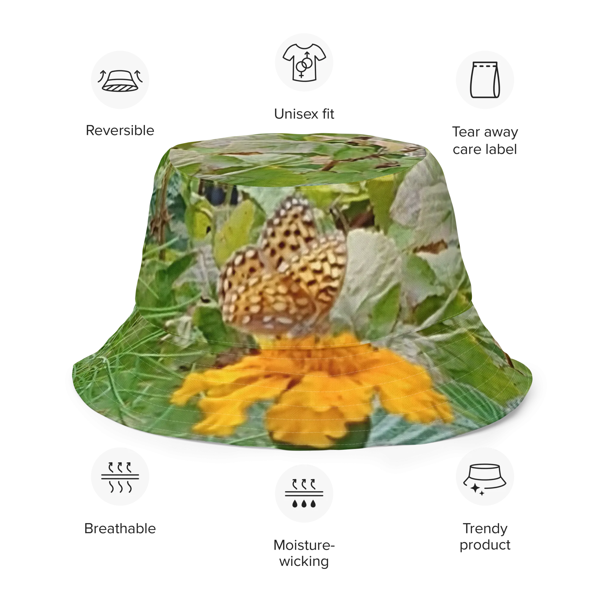 The FLOWER LOVE Collection - "Butterfly on a Bloom" Design Premium Reversible Bucket Hat - Orange Inside - Beach Hat, Gifts for Her