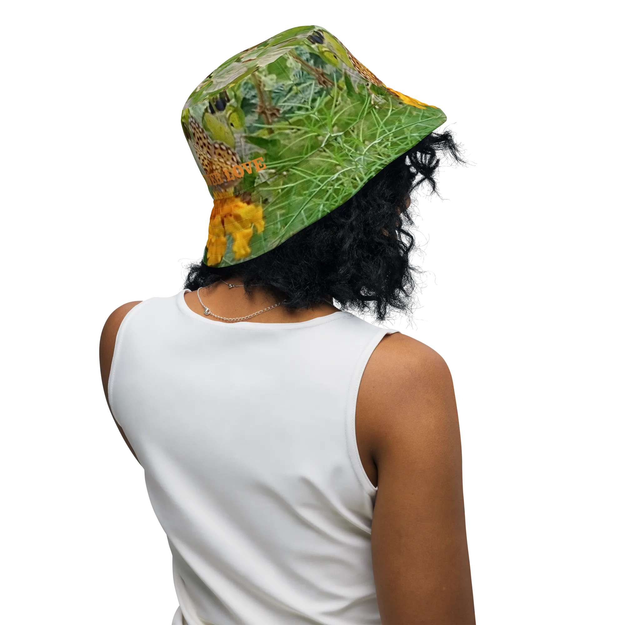 The FLOWER LOVE Collection - "Butterfly on a Bloom" Design Premium Reversible Bucket Hat - Orange Inside - Beach Hat, Gifts for Her