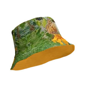 The FLOWER LOVE Collection - "Butterfly on a Bloom" Design Premium Reversible Bucket Hat - Orange Inside - Beach Hat, Gifts for Her