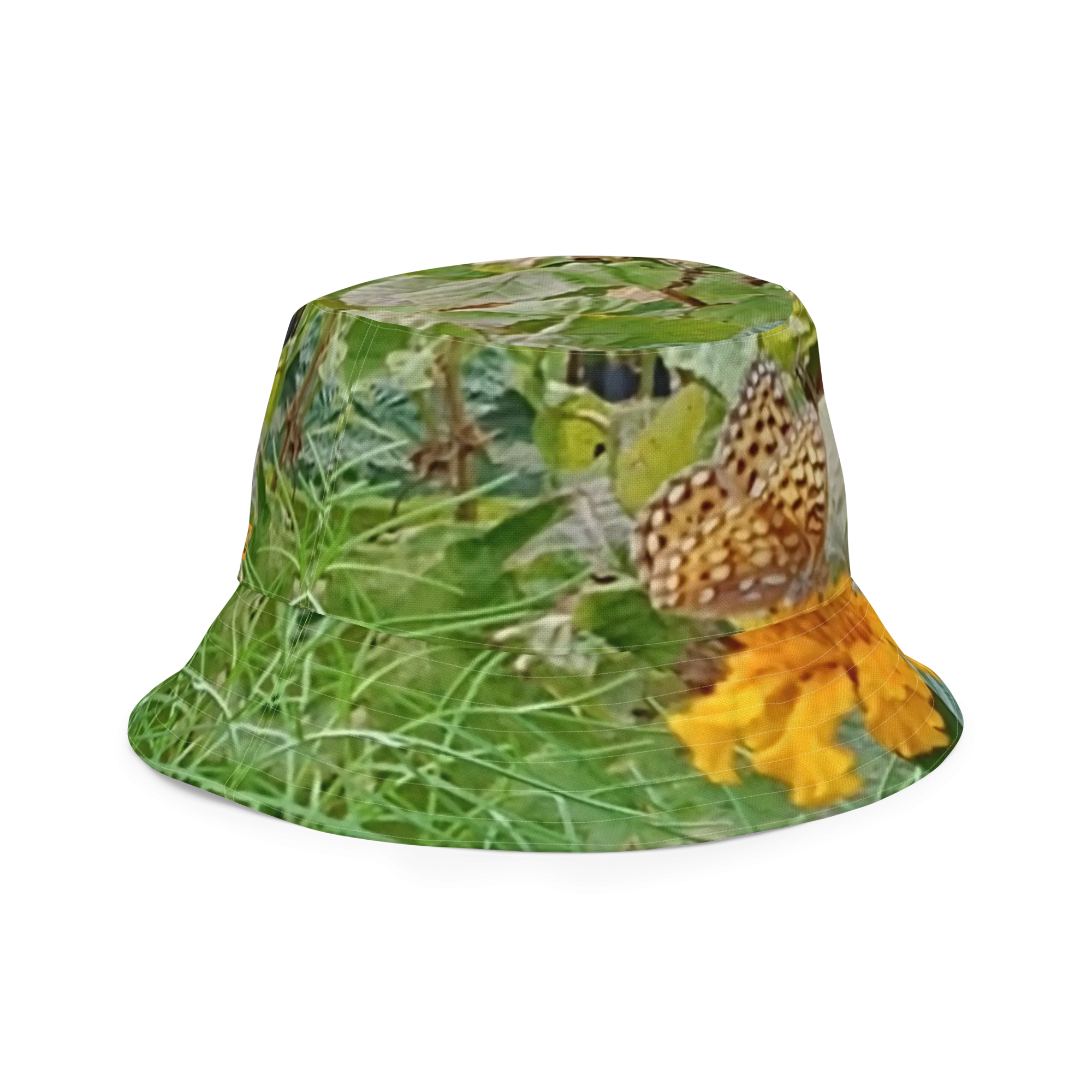 The FLOWER LOVE Collection - "Butterfly on a Bloom" Design Premium Reversible Bucket Hat - Orange Inside - Beach Hat, Gifts for Her