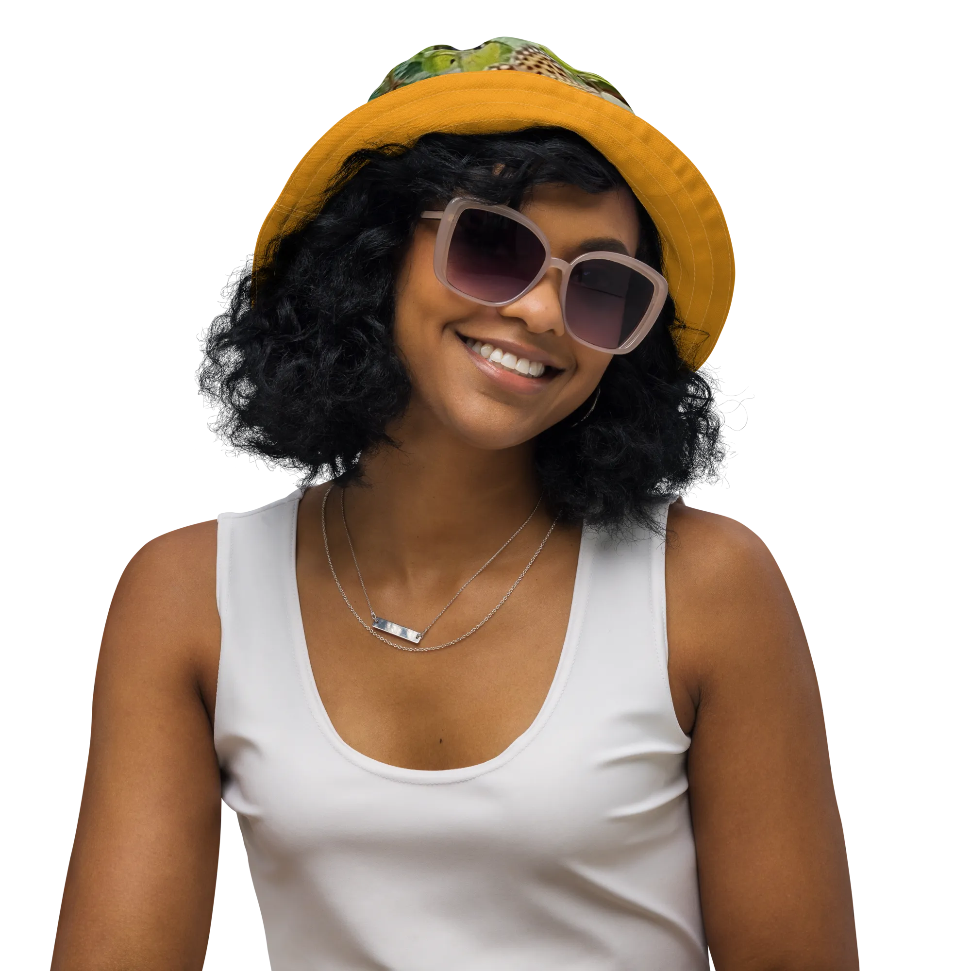 The FLOWER LOVE Collection - "Butterfly on a Bloom" Design Premium Reversible Bucket Hat - Orange Inside - Beach Hat, Gifts for Her