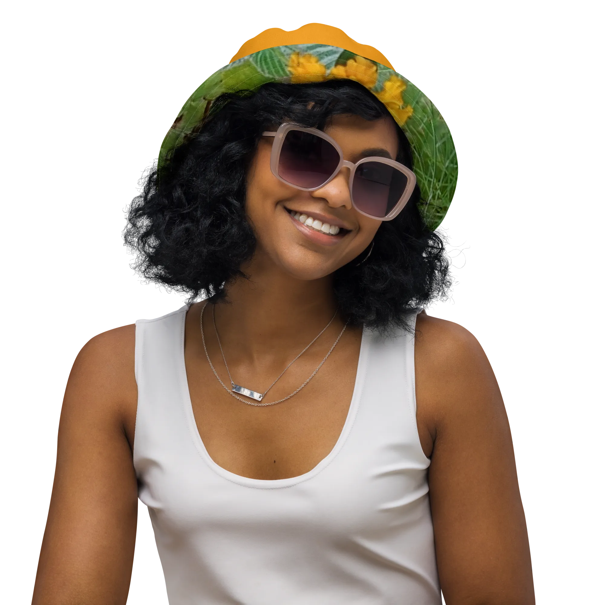 The FLOWER LOVE Collection - "Butterfly on a Bloom" Design Premium Reversible Bucket Hat - Orange Inside - Beach Hat, Gifts for Her