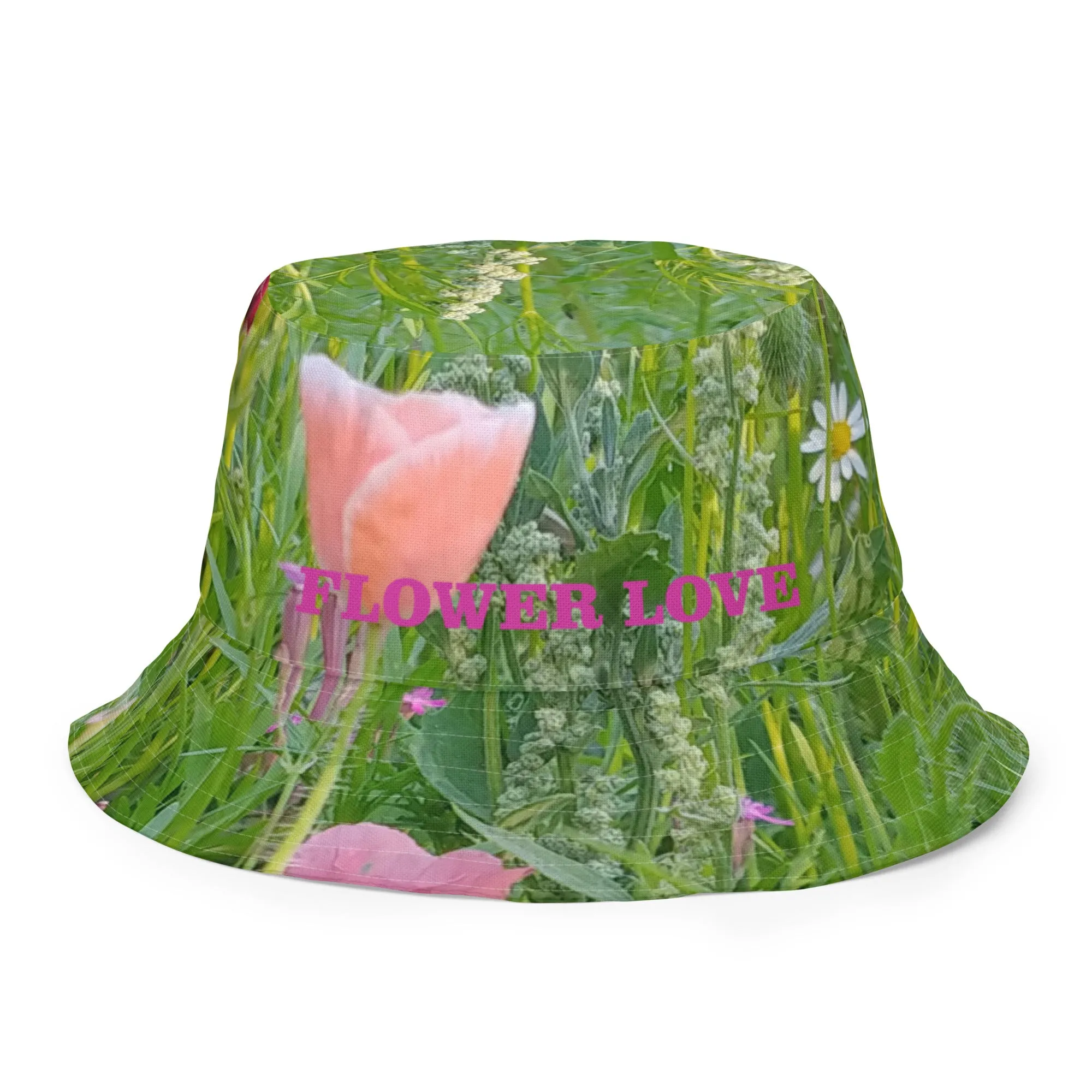 The FLOWER LOVE Collection - "Wildflower Wonder" Design Premium Reversible Bucket Hat - Pink Inside - Wildflower Hat, Gifts for Her