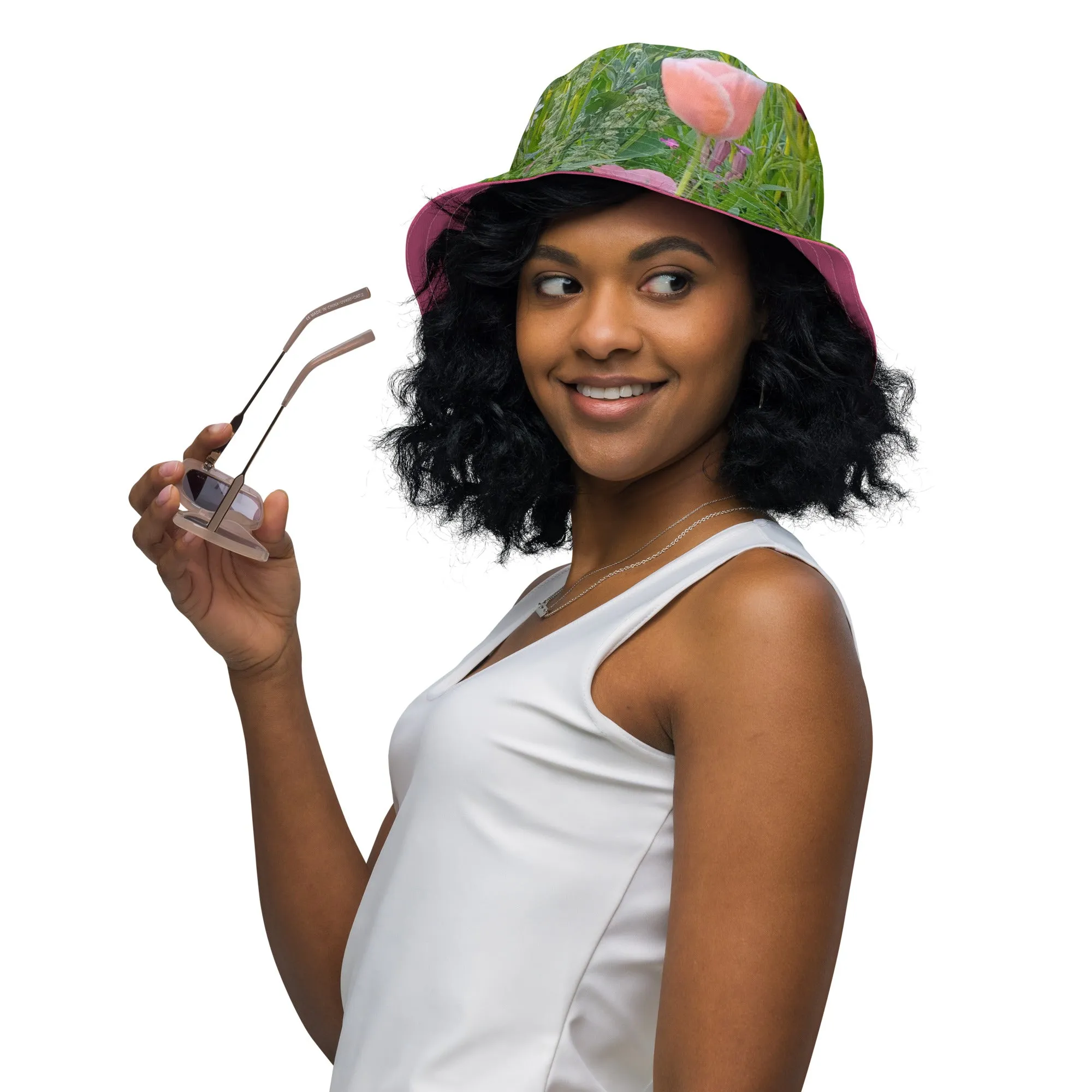 The FLOWER LOVE Collection - "Wildflower Wonder" Design Premium Reversible Bucket Hat - Pink Inside - Wildflower Hat, Gifts for Her