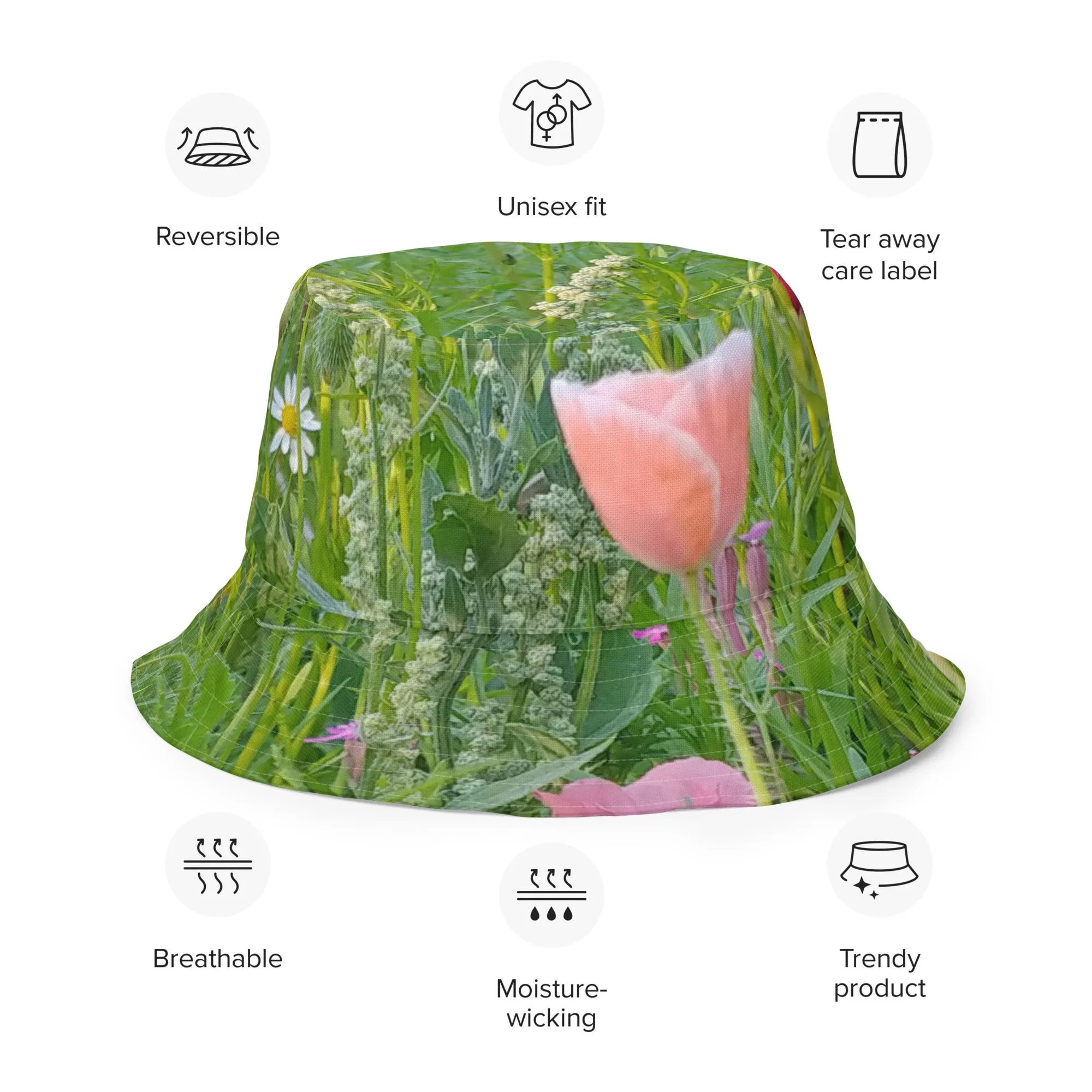 The FLOWER LOVE Collection - "Wildflower Wonder" Design Premium Reversible Bucket Hat - Pink Inside - Wildflower Hat, Gifts for Her