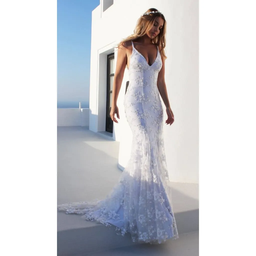 V-Neck Crisscross Tied Backless Floral Lace Wedding Dress